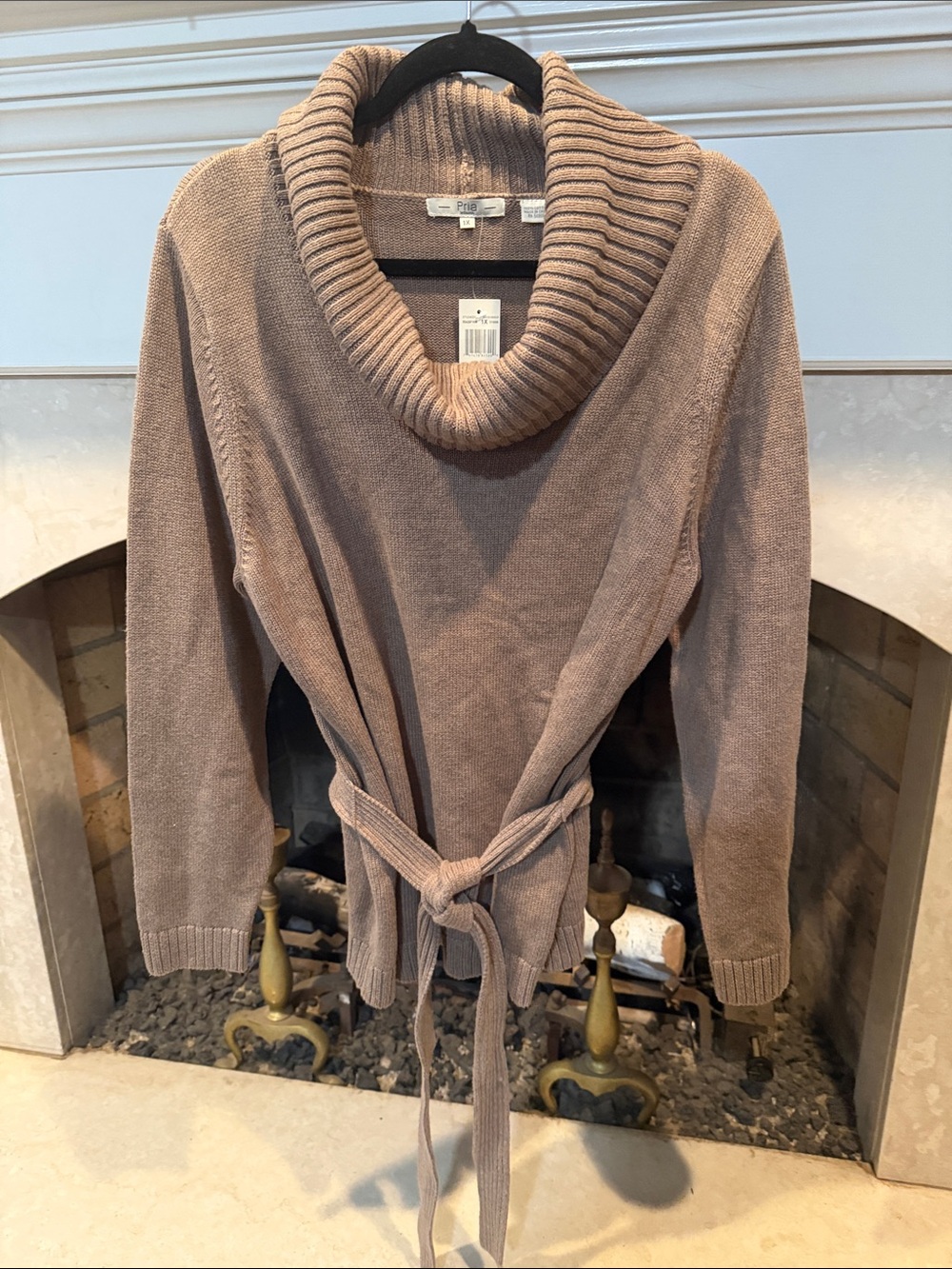 Pria Woman Taupe Ribbed Cowl-Neck Belted Sweater size 1X